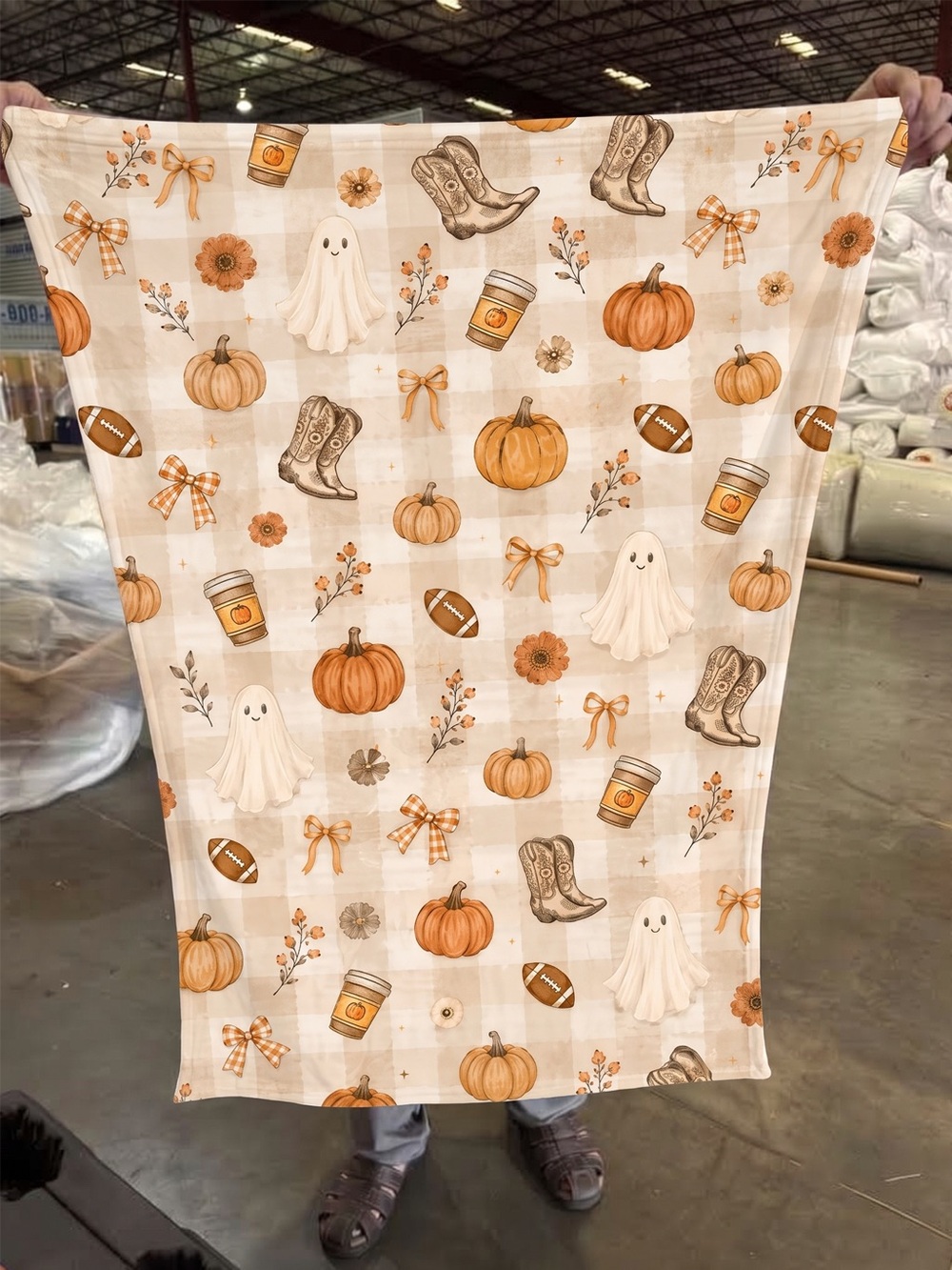 Halloween Pumpkin & Ghost Throw Blanket - Cream Orange